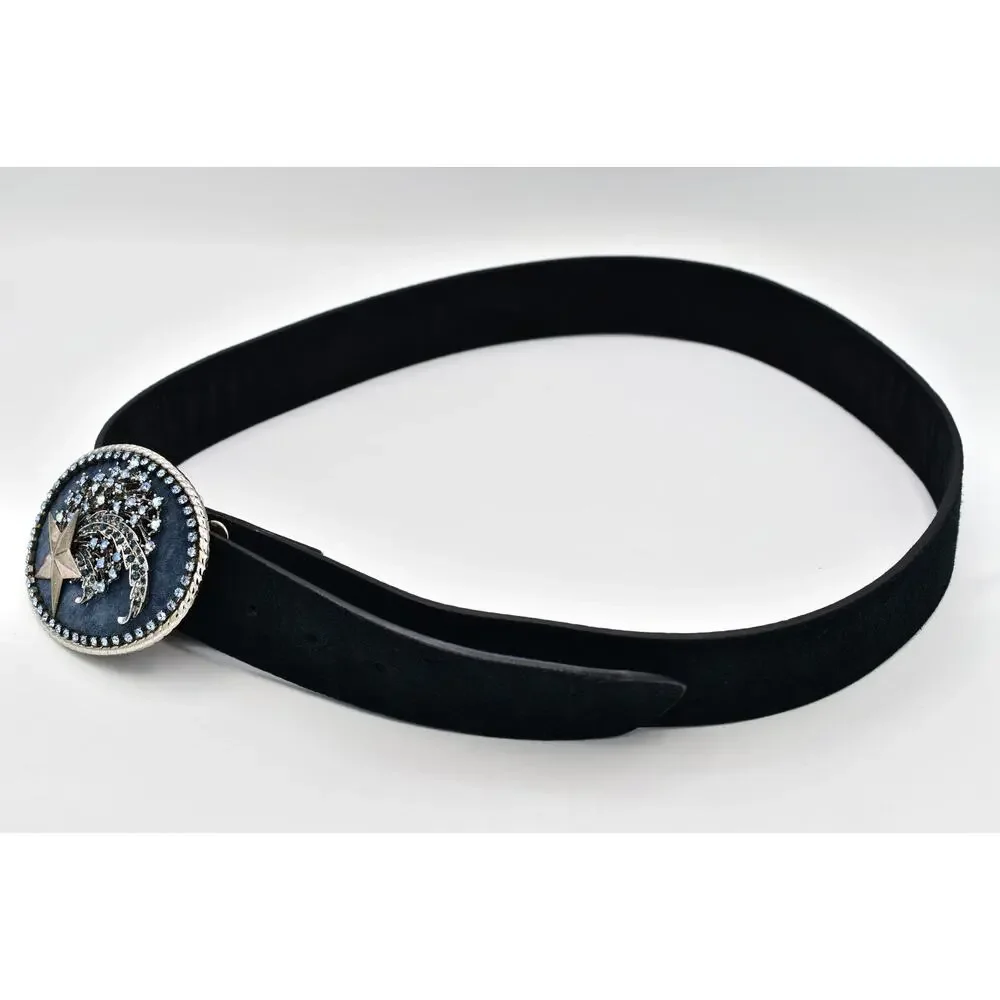 3G Buckles Black Suede Belt L 36-38 Celestial Star Blue Rhinestone Buckle Y2K
